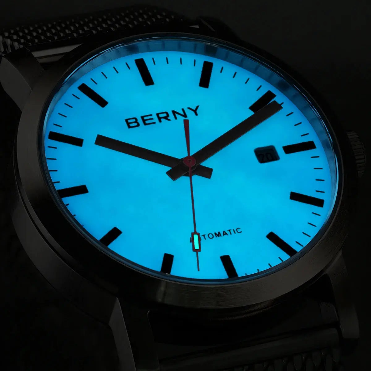 BERNY automatic men's watch with luminous blue dial, stainless steel case and mesh band