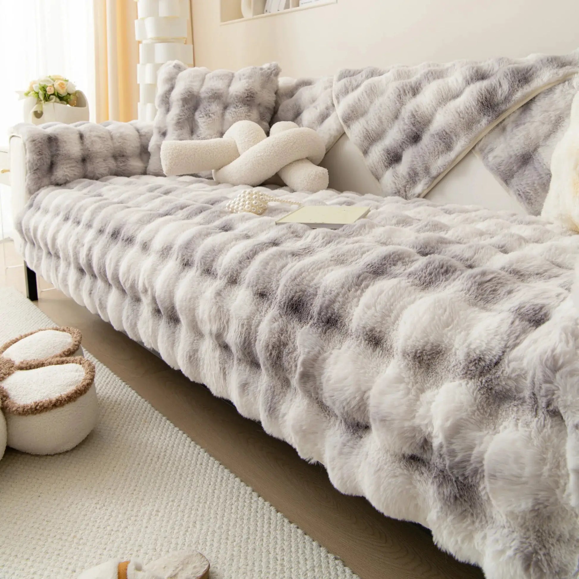 Sofa slipcover in thick faux rabbit fur, gray, non-slip plush couch cover