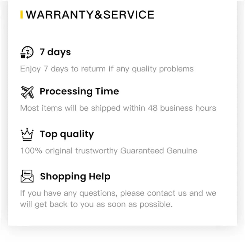 Warranty and service panel listing 7 days return, processing time, top quality, and shopping help.