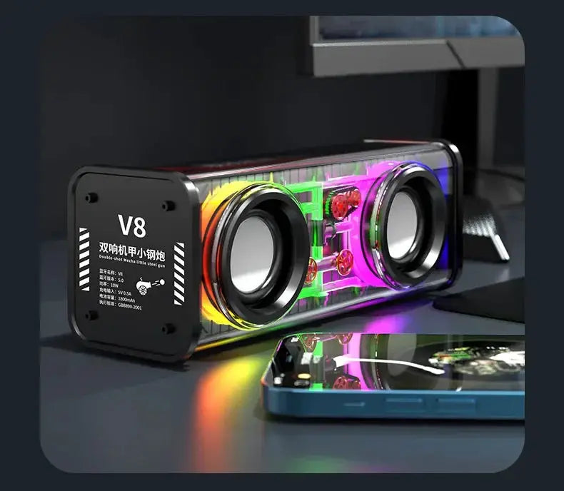 V8 transparent mecha speakers by Simples Market with RGB lighting and Bluetooth 5.0