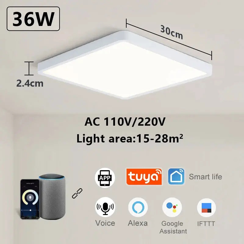 MARPOU Tuya Smart LED Ceiling Lamp, square white ceiling light, 30cm side, 36W, Alexa/Google Assistant voice control