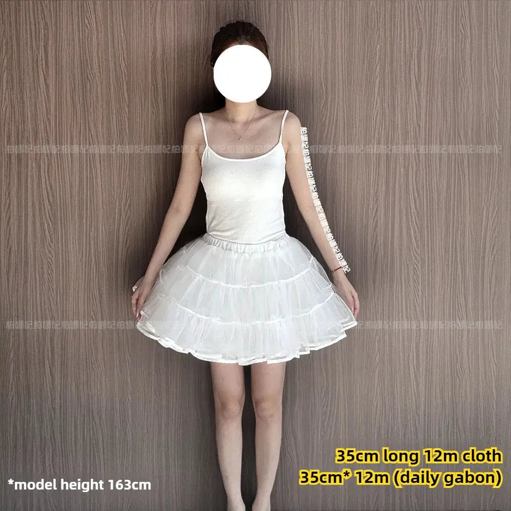 Lolita petticoat underskirt, white fluffy multi-layer mesh crinoline, 35 cm length worn by model.