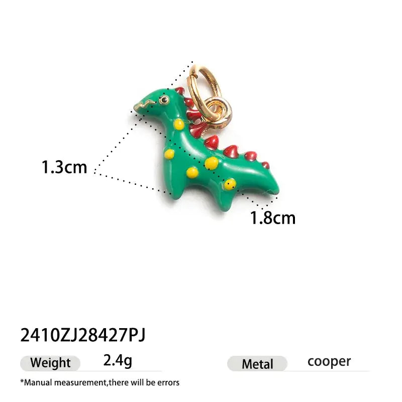 Simples Market dinosaur pendant single hoop earring, green with yellow spots and red spikes, copper metal