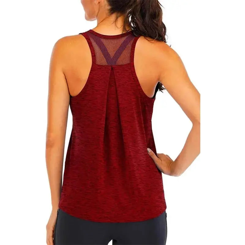 Simples Market women's yoga vest; maroon loose-fit sleeveless tank with mesh back