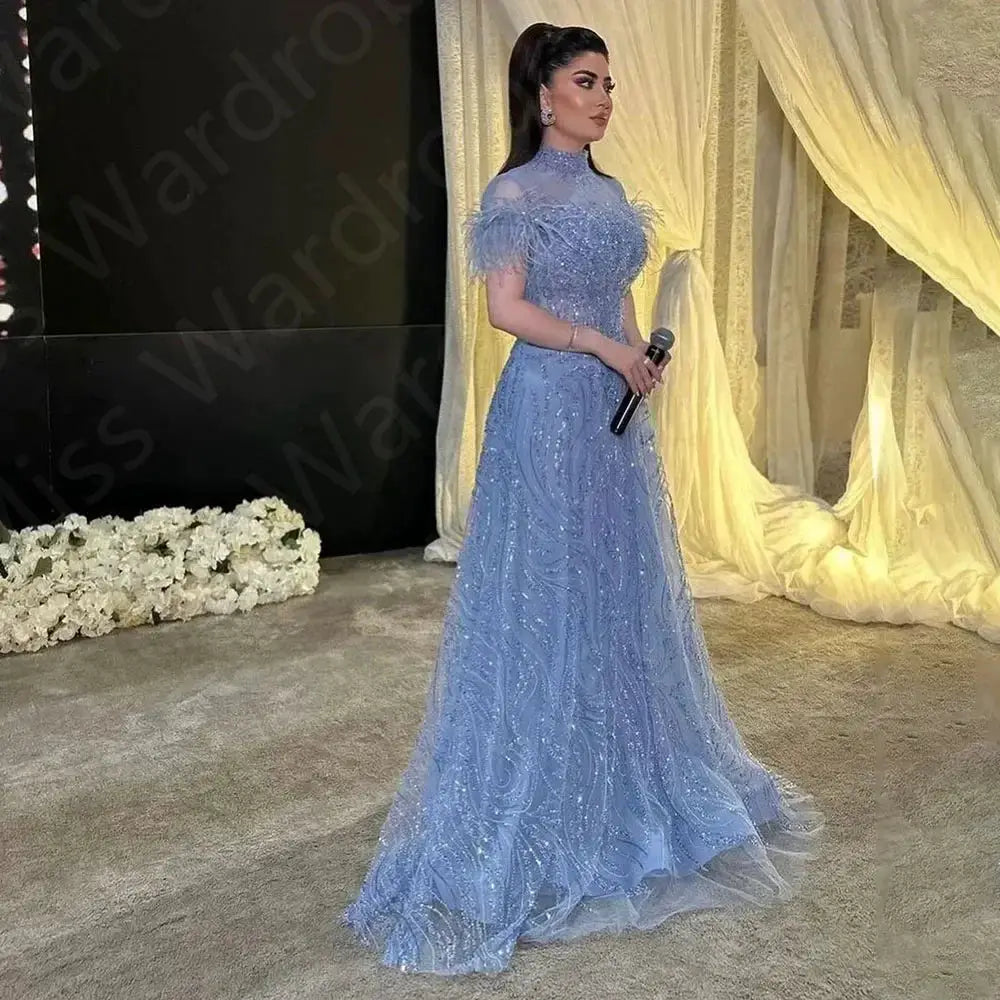 Customized Prom Dress Organza Beaded Feather Draped A Line Long