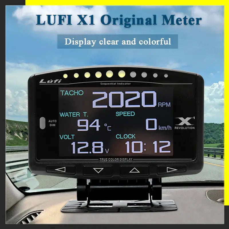 LUFI X1 Original Meter OBD2 car gauge by Simples Market; black digital dashboard with RPM, temp and volt readings