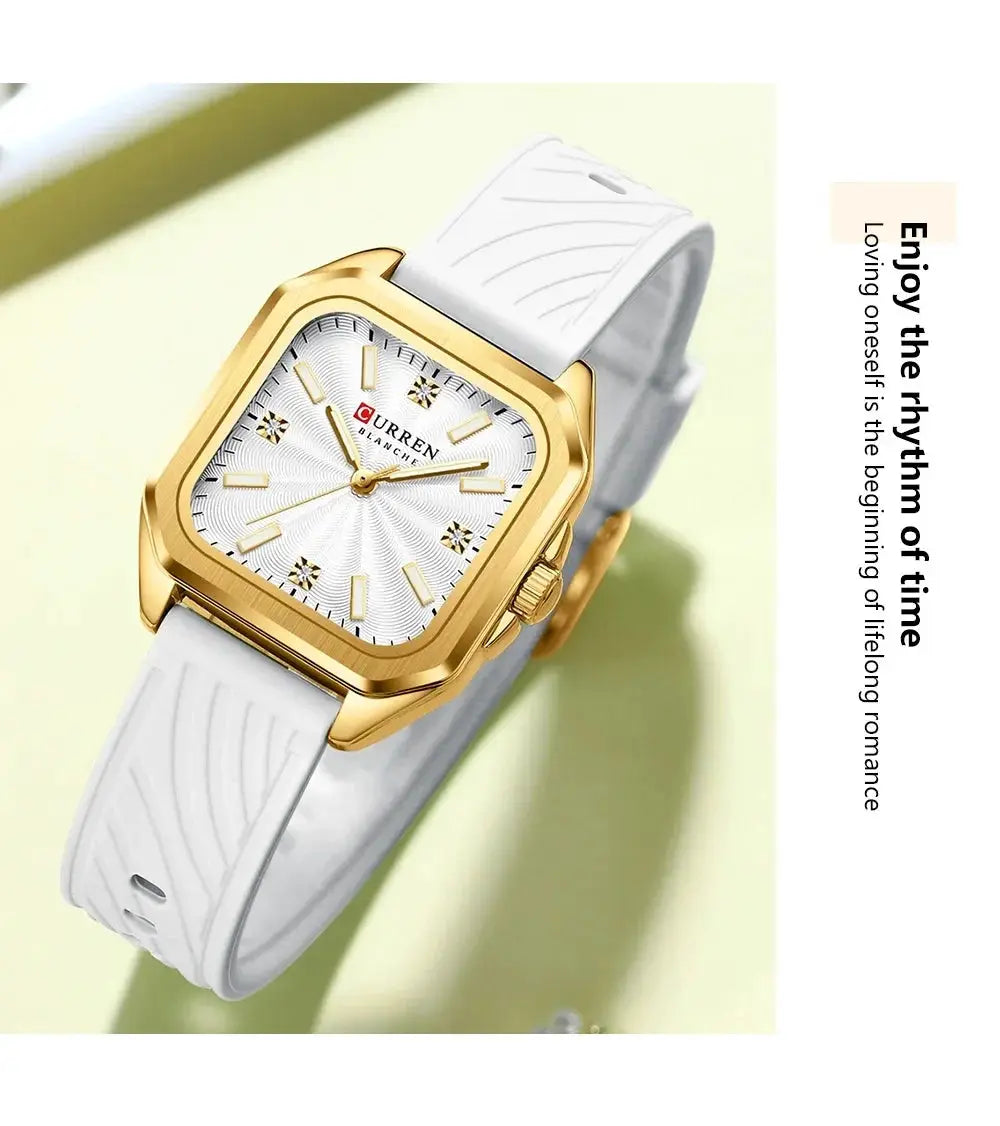 Curren 9113 ladies' quartz watch with gold-tone square case and white strap