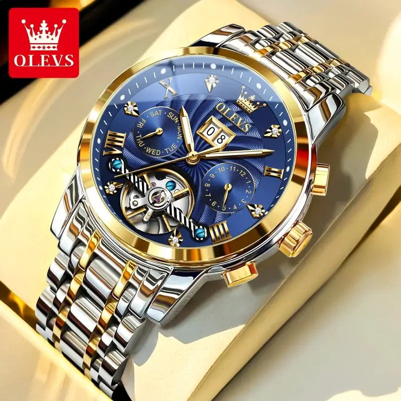 OLEVS 9910 Mens Watch Waterproof Luminous Automatic Mechanical Dual Calendar Date Stainless Steel Band