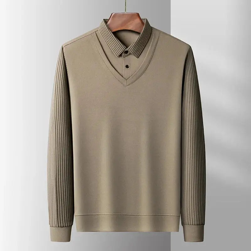 Men's Simples Market beige faux two-piece polo-style top with ribbed long sleeves