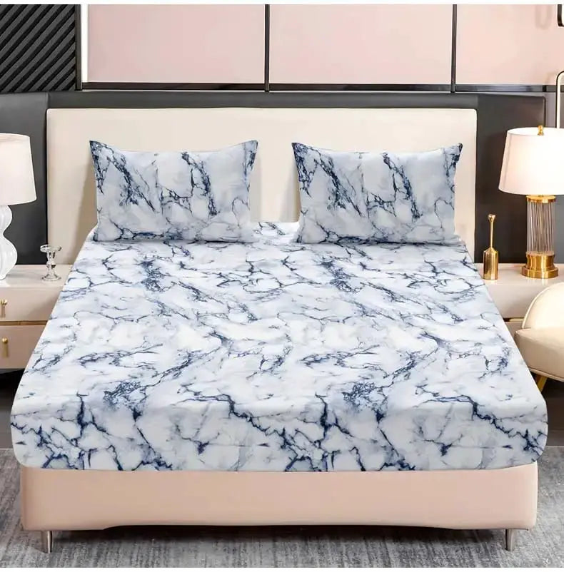 3-Piece Marble Print Fitted Sheet Set with two pillowcases; blue-gray marble pattern, microfiber fabric.