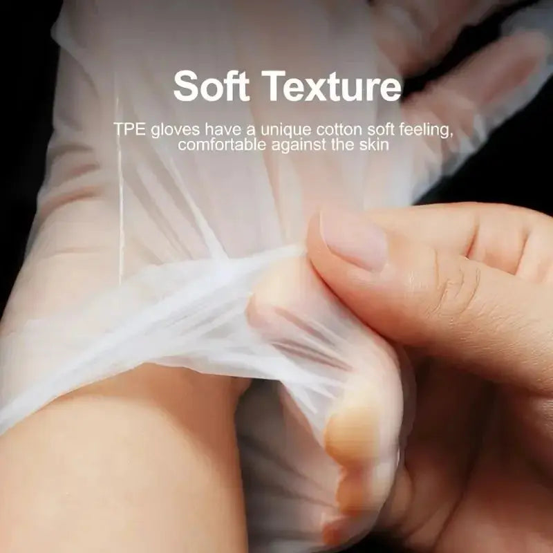 Disposable TPE gloves, 100-pack, waterproof and oil-proof for kitchen, bathroom, and cleaning.