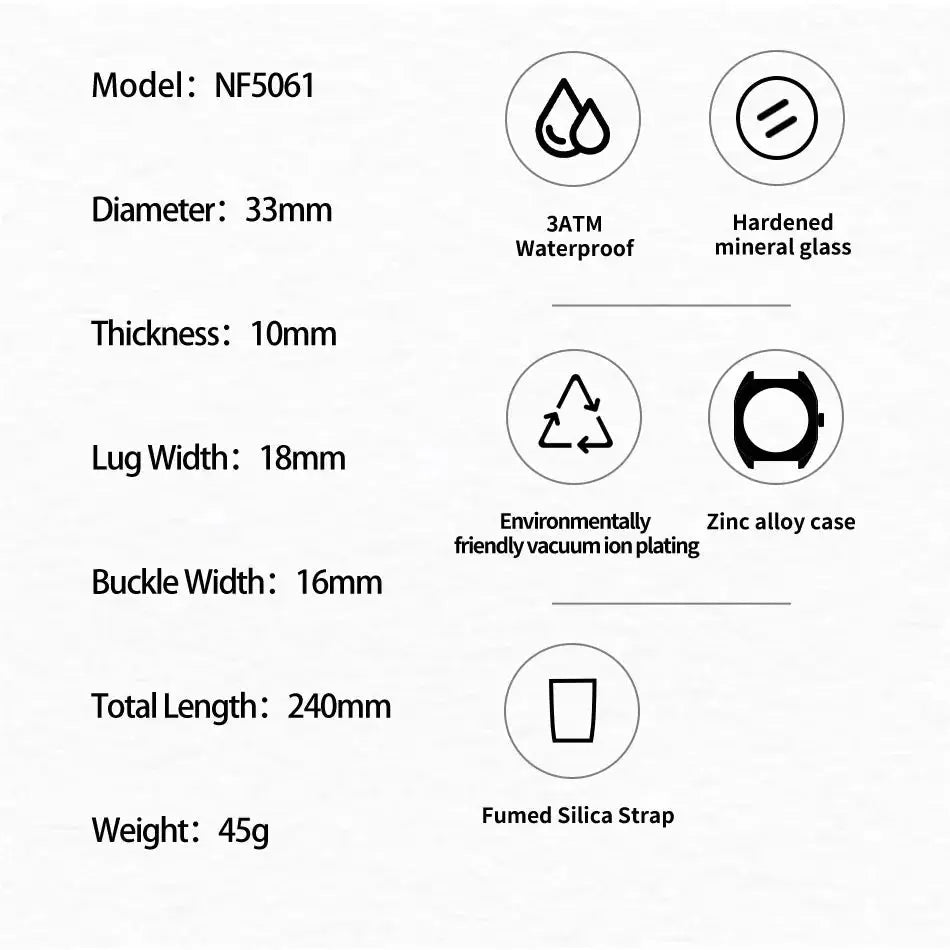 NAVIFORCE women's casual wristwatch NF5061; 33mm dial, zinc alloy case, fumed silica strap.