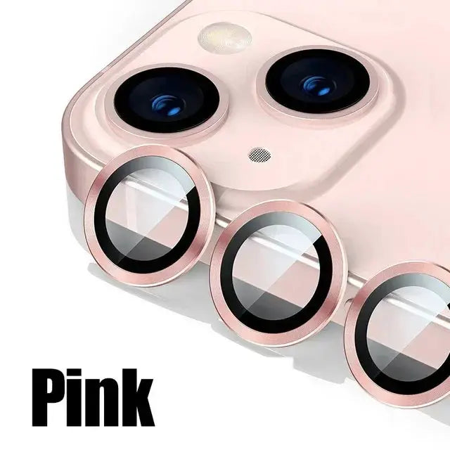 3-pack pink metal back camera lens protectors for iPhone, glass films with round rings