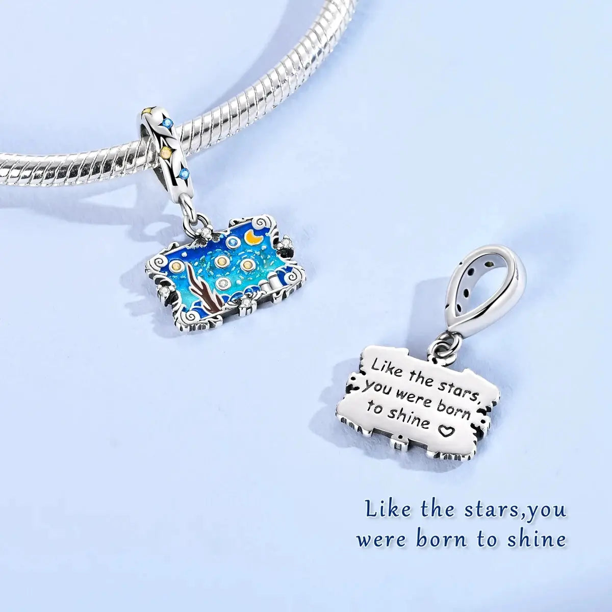 Van Gogh Starry Night charms: two 925 silver pieces with blue enamel pendant and inscribed quote charm for bracelet