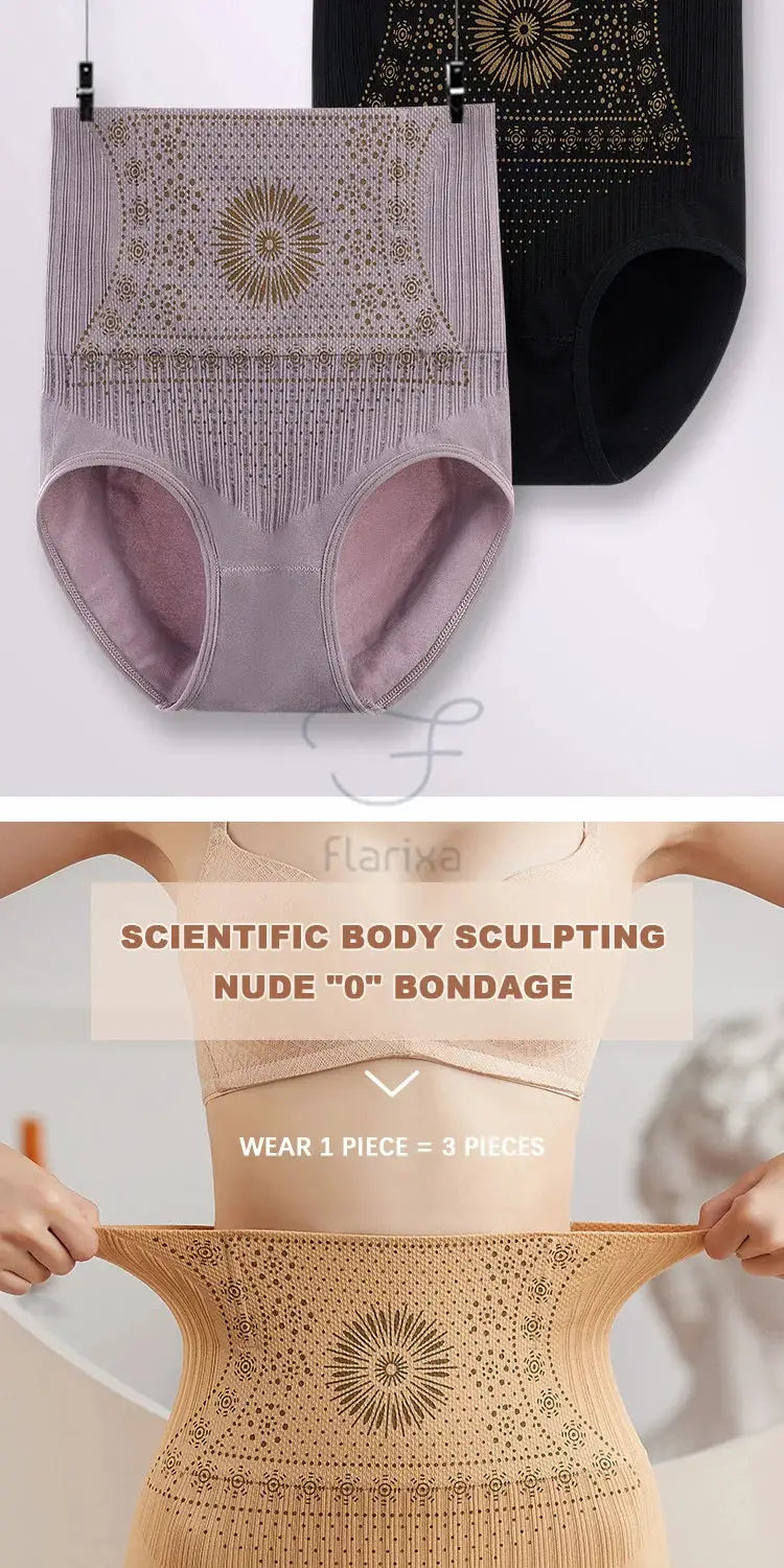 Two high-waist seamless shaping briefs by Simples Market in lavender and black; postpartum body shaper underwear.