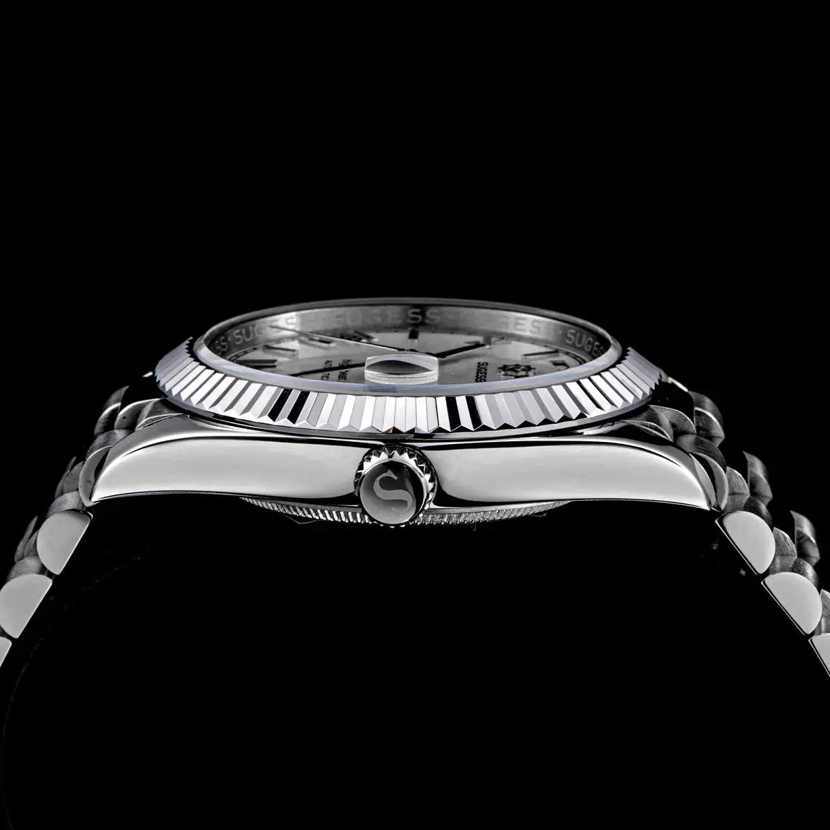 Sugess men's 40mm stainless steel watch with fluted bezel and bracelet, crown with S logo