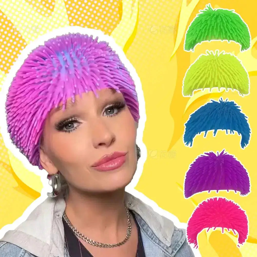 Spiky Ball Prank Hat by Simples Market; purple soft TPR wig with bold spikes, includes five color variants.