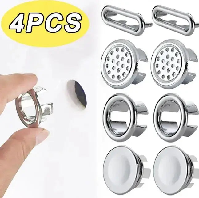 4Pcs Simples Market plastic sink overflow covers set; silver round drain caps for kitchen and bathroom basins