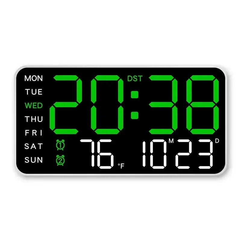 Simples Market digital LED wall clock with calendar and temperature display, green numerals on a black face.