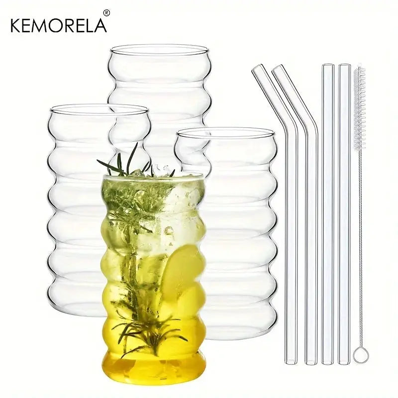 500ML Wave Shape Beverage Glasses With Straws Vintage Ripple Glass Cups For Wine Champagne Cocktails Milk Juice