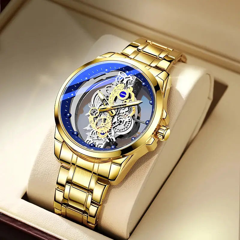 Men's gold-tone skeleton automatic wristwatch with blue bezel and stainless steel bracelet