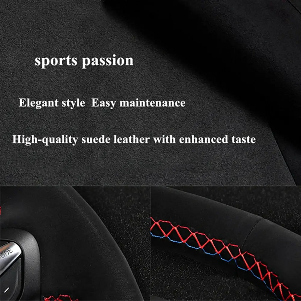 Steering wheel cover, black suede with red stitching, for Seat Leon 5F Mk3 and related models by Simples Market