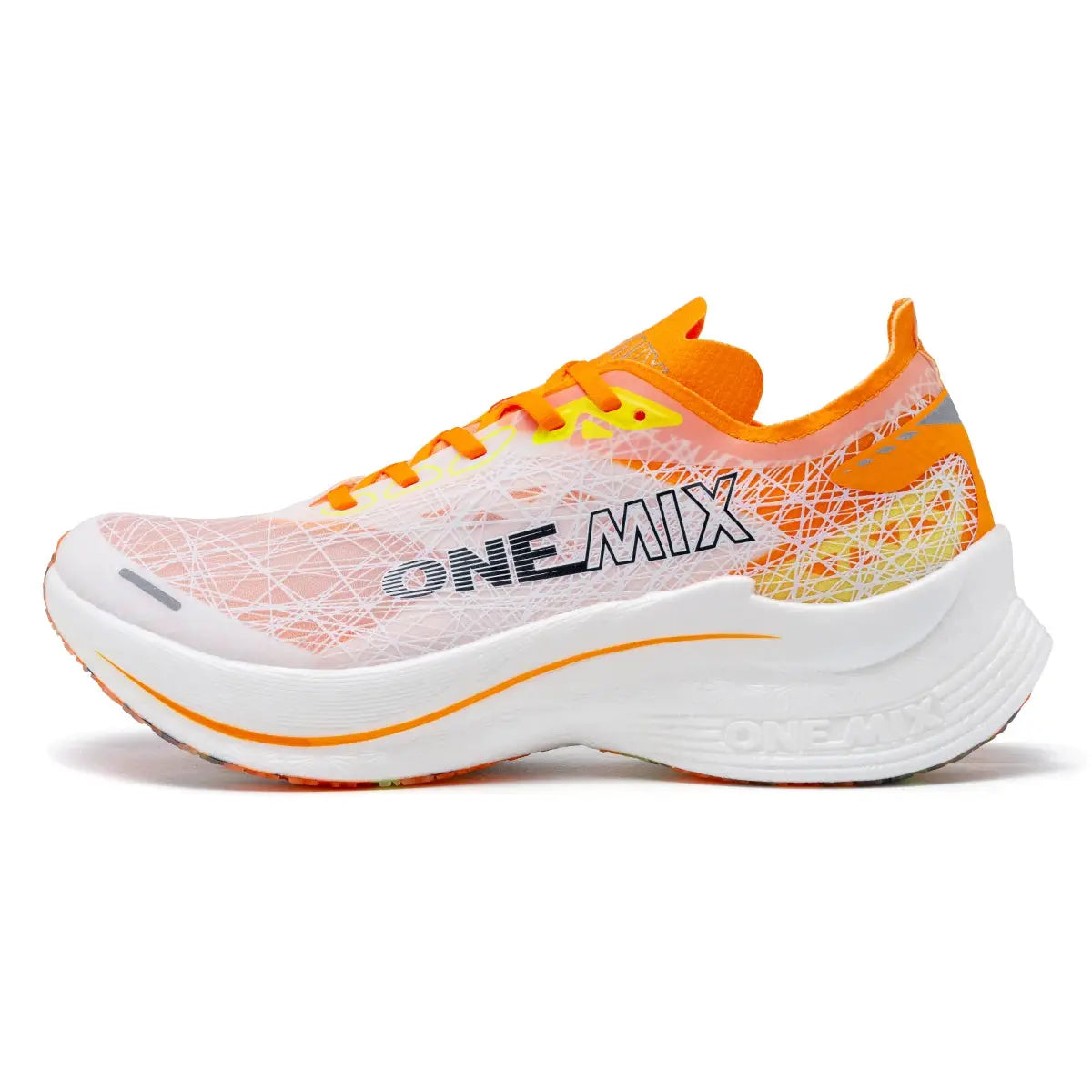 ONEMIX Marathon carbon-plate running shoes; orange and white mesh upper with a white platform sole.