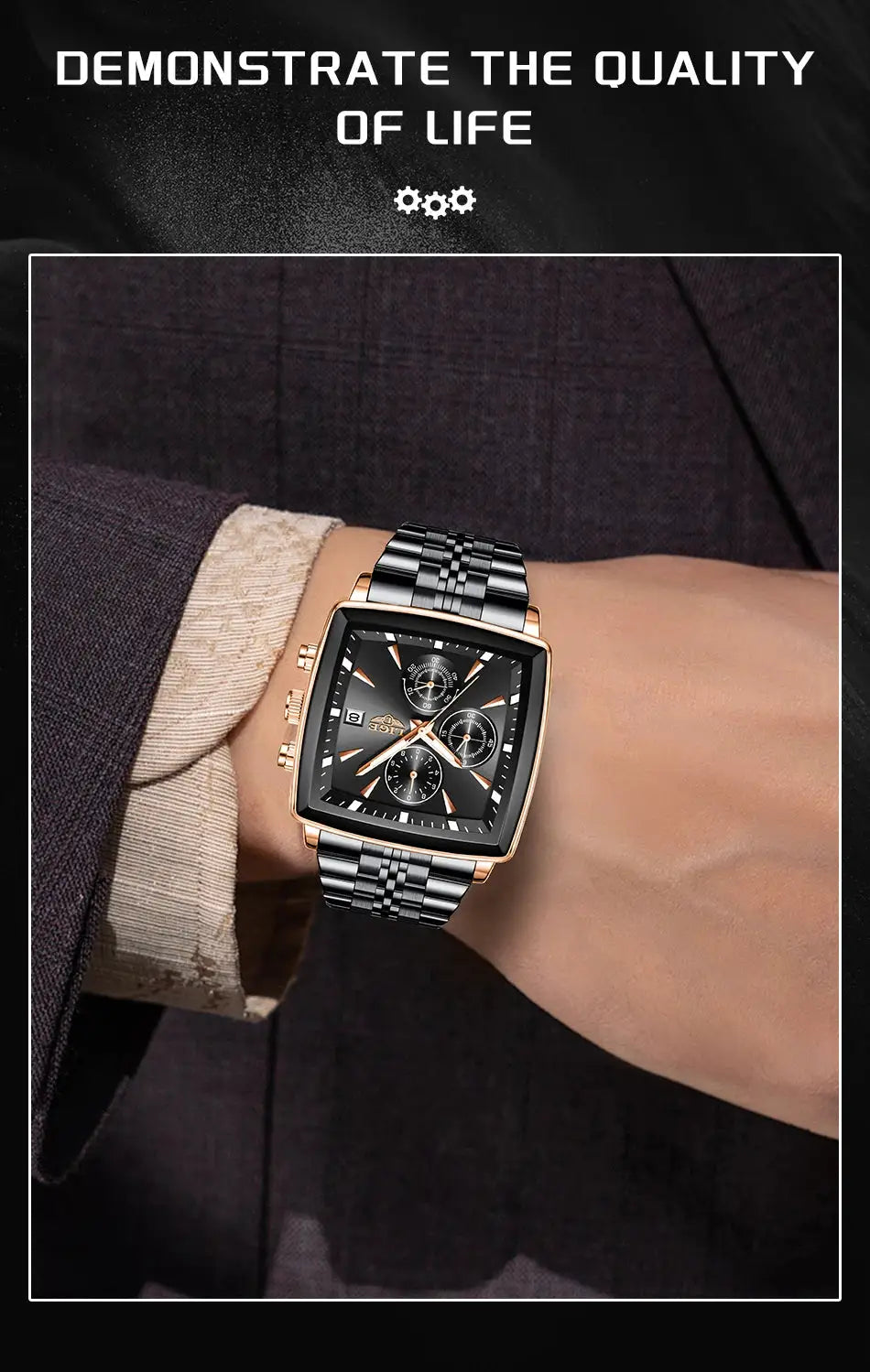 LIGE square-dial men's chronograph watch with rose-gold case and black stainless steel bracelet