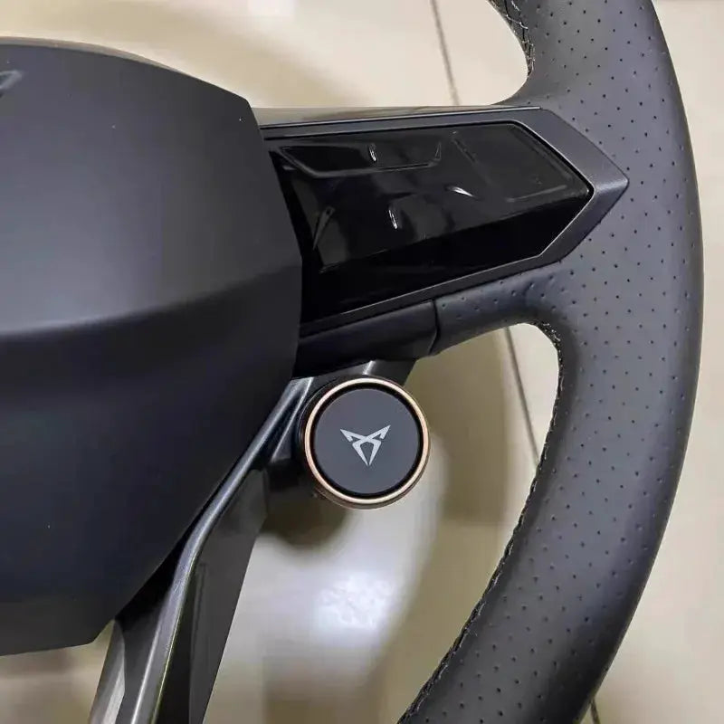 Car steering wheel with black perforated leather and copper-ring circular emblem hub