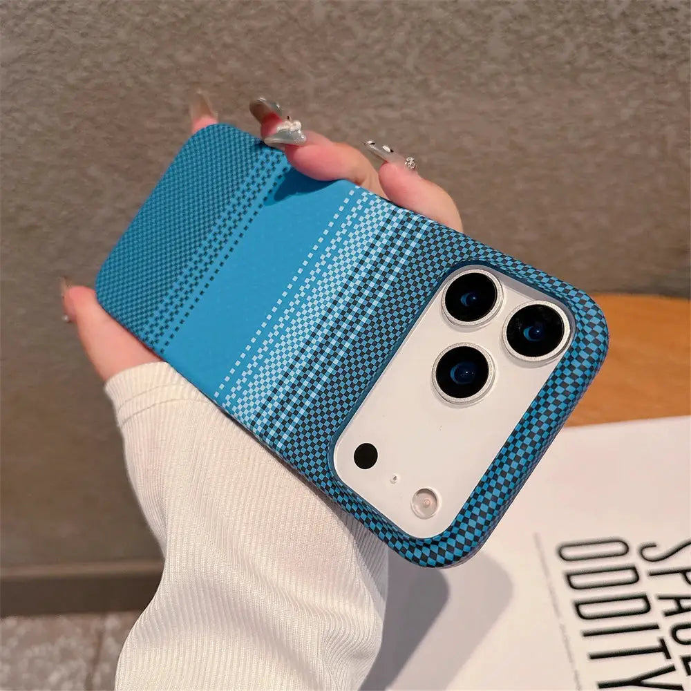 Kevlar carbon fibre PC hard case in blue checkered finish for iPhone with triple-camera cutout