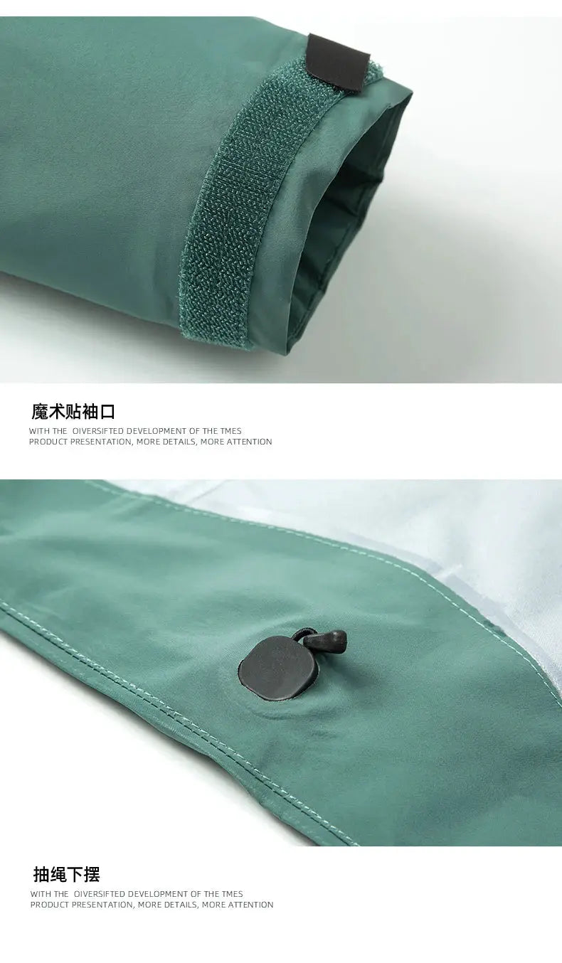 Men's windproof hooded jacket by Simples Market, teal-green with Velcro cuff strap and drawstring hem