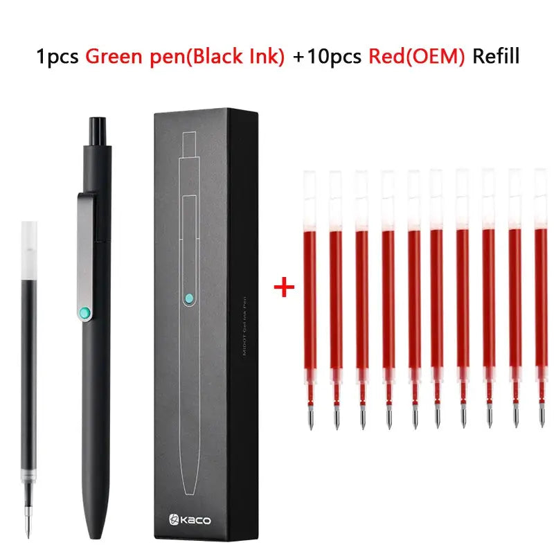 KACO 0.5mm MIDOT gel ink pen with 1 green pen and 10 red OEM refills, Simples Market