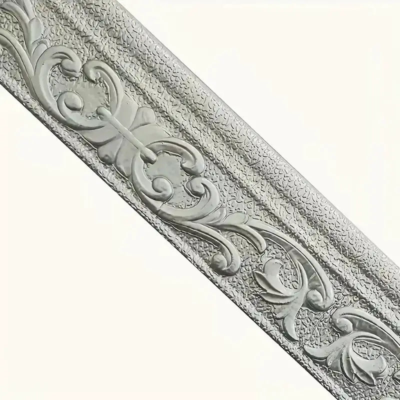Self-adhesive wall border sticker with silver 3D floral scroll pattern, 230x8 cm