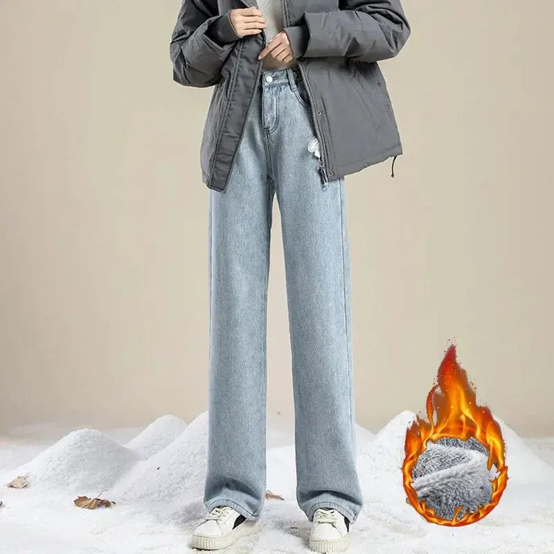 Winter Plush Thermal High Waist Jeans For Women Fleece Lined Pants