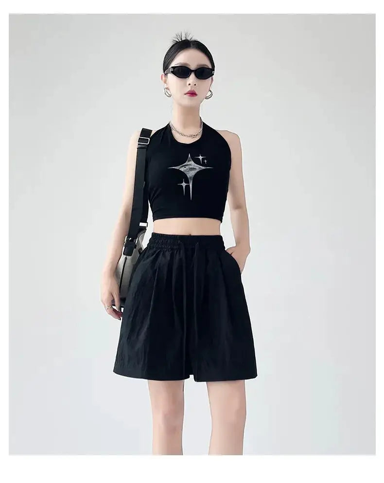 Summer women shorts with two pockets, black high-waist elastic, loose-fit beach shorts