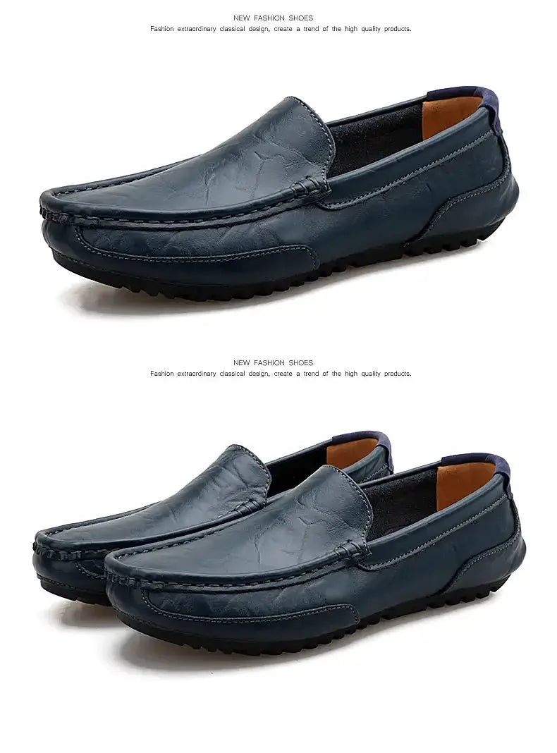 Men's blue genuine leather loafers slip-on driving shoes with moccasin stitching