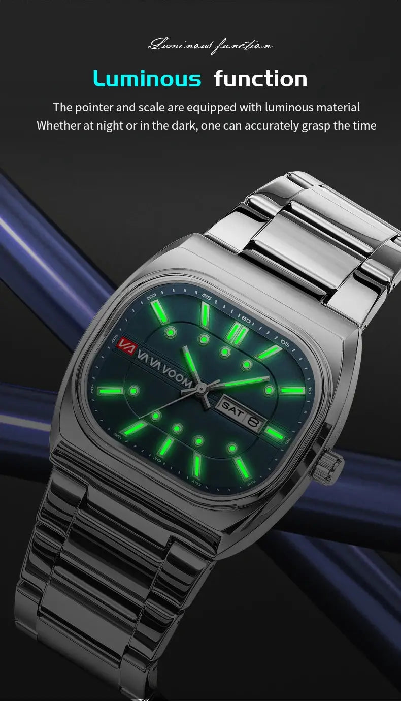 Men's 40mm square stainless steel diving watch with green luminous markers and date window.