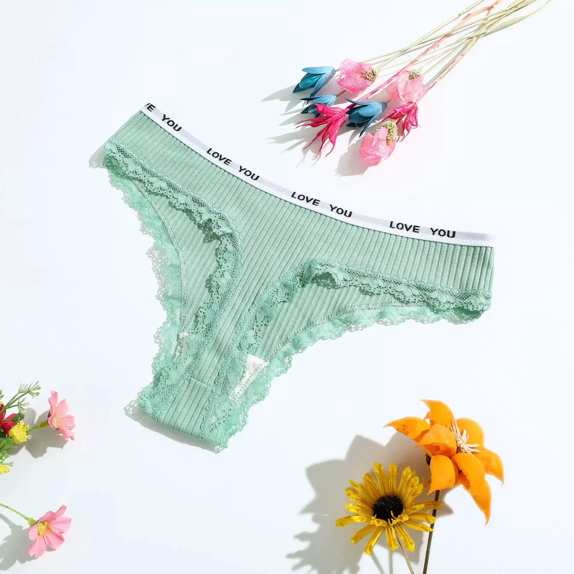Mint green lace thong with LOVE YOU waistband, 3-piece set by Simples Market, low-rise T-back.