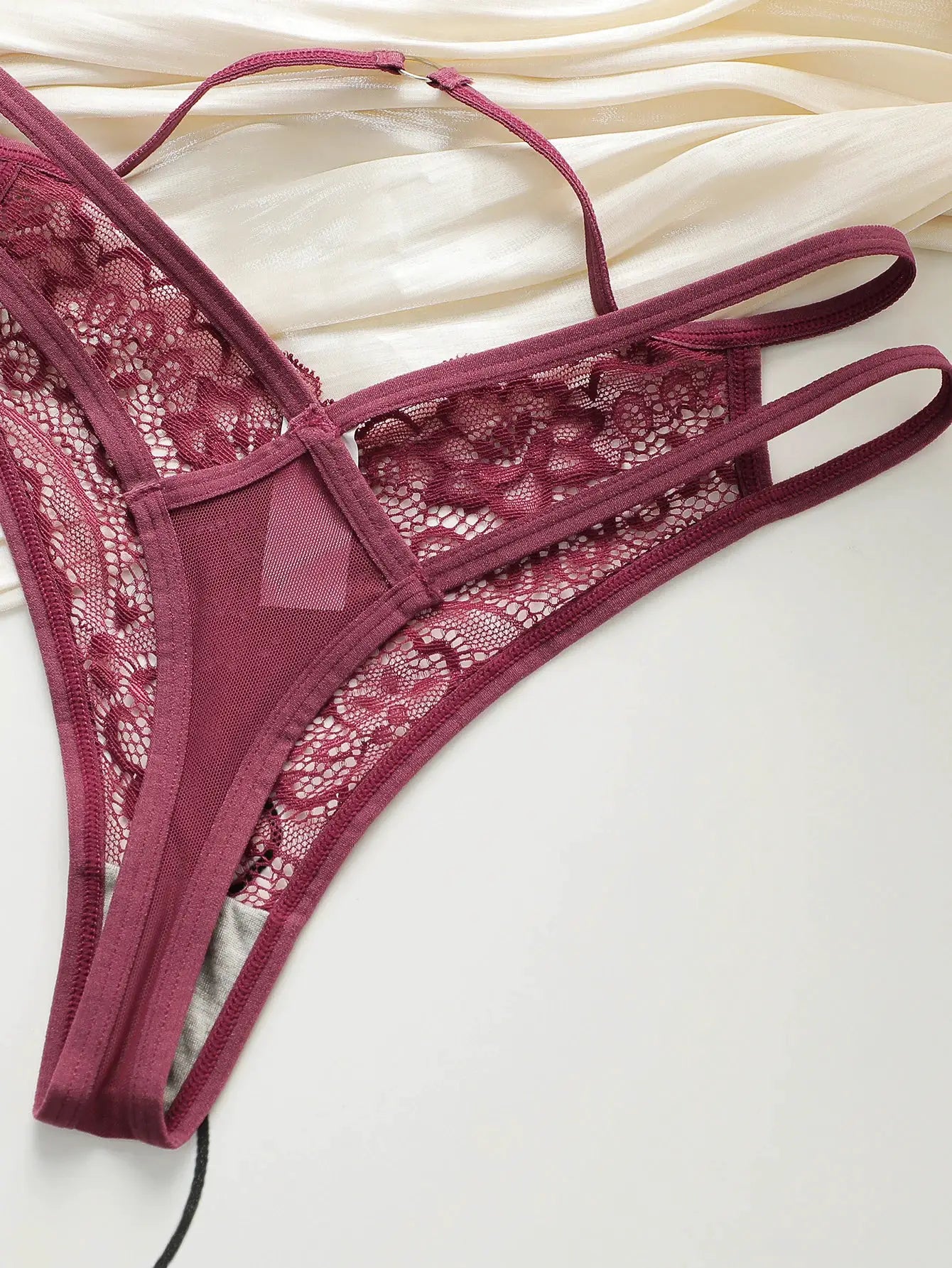 Lace thong underwear burgundy with sheer floral lace and thin elastic straps