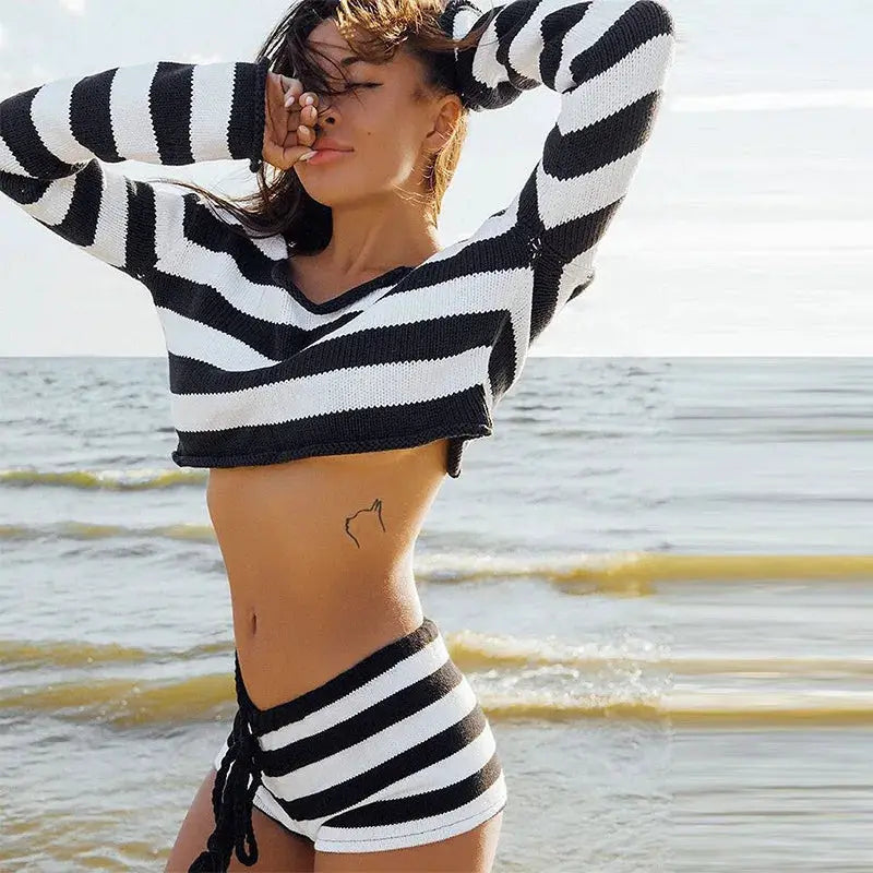 Striped Knit Two Piece Set Off Shoulder Top and Shorts Casual Fashion
