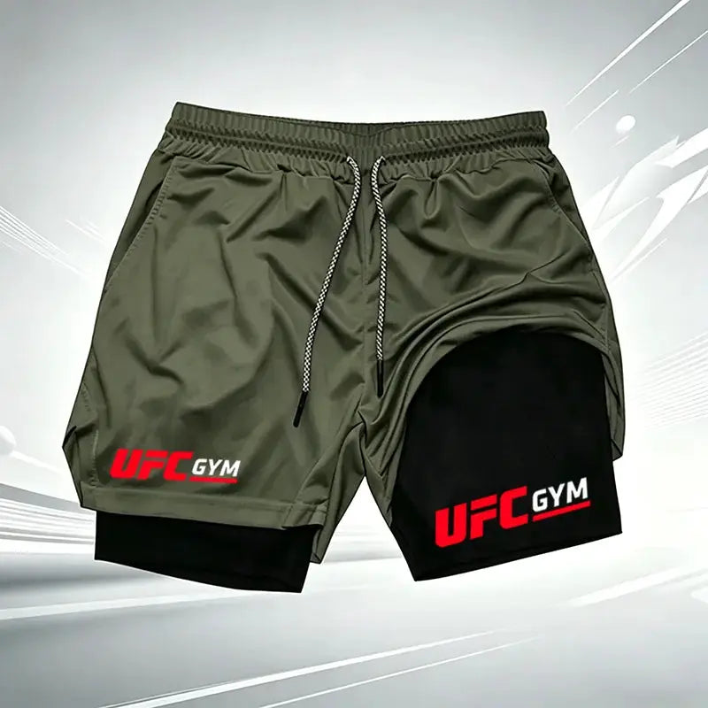 Men's UFC Gym 2-in-1 compression shorts with built-in liner, olive green outer over black inner, UFC Gym logos.