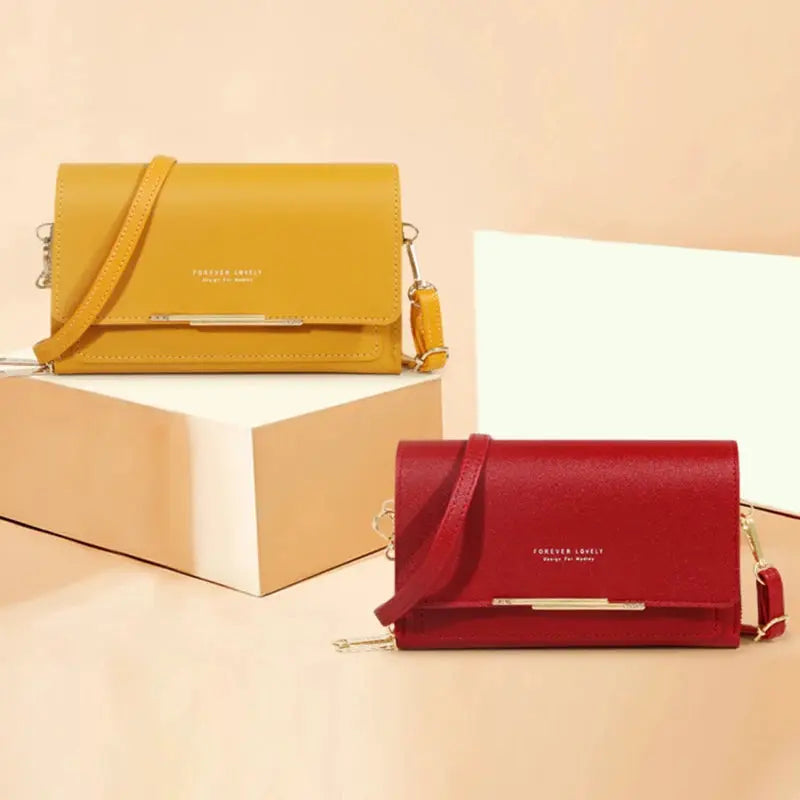 Two Simples Market women's wallet handbags in yellow and red; crossbody bags with large capacity and card slots.