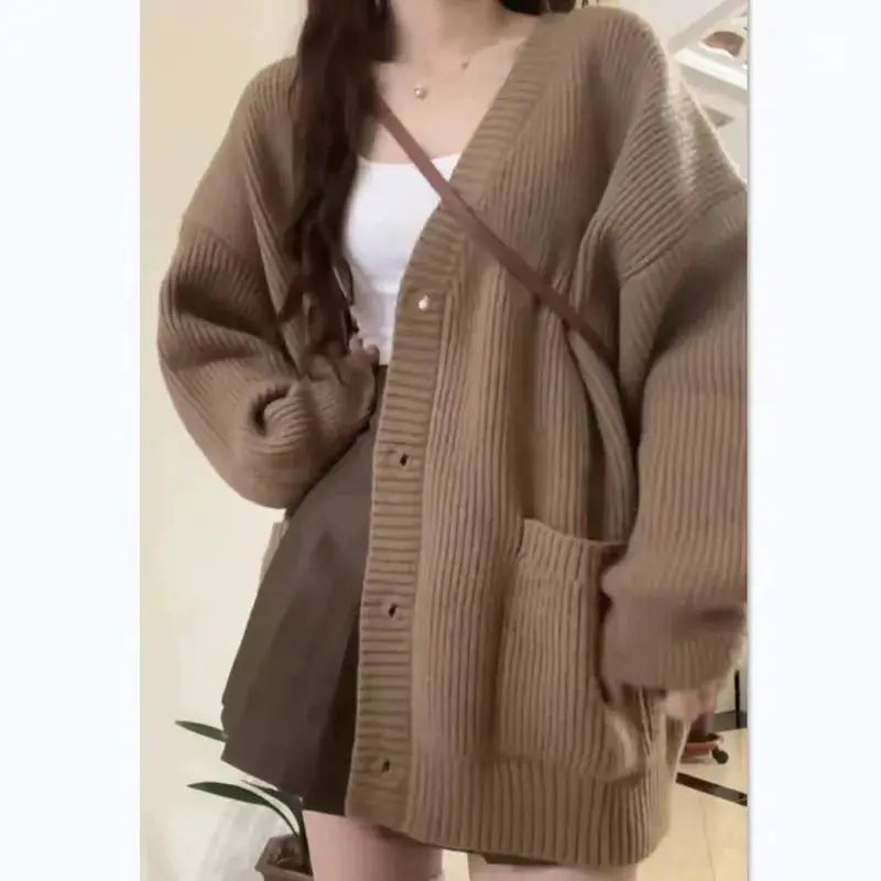 AutumnAura V Neck Loose Knit Cardigan Coat For Women Cozy Relaxed Fit For Autumn And Winter Warmth