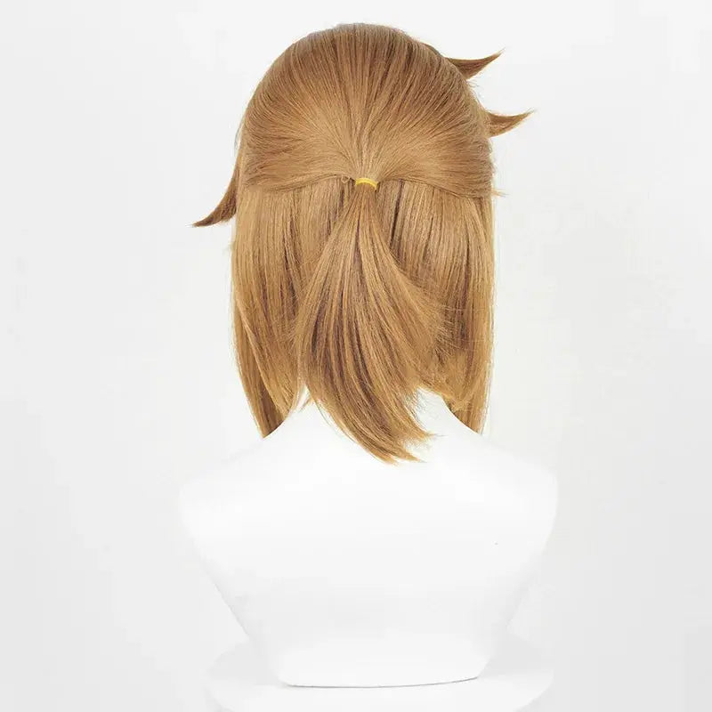 Link cosplay wig blonde-brown, heat-resistant synthetic with elf-ear earrings, back view, Simples Market