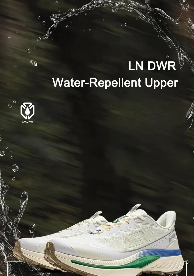 Li-Ning BEN XIAO trail running shoes; white upper with blue and green accents, DWR water-repellent