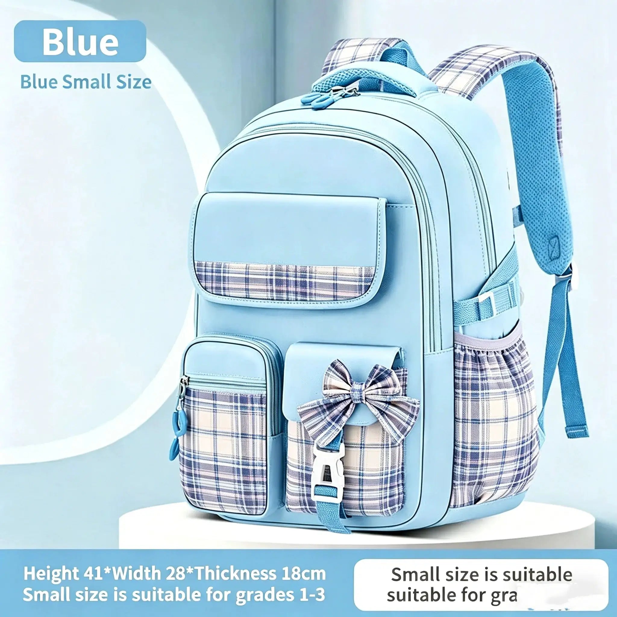 Blue plaid girls' school backpack with padded back and straps; large capacity, lightweight.