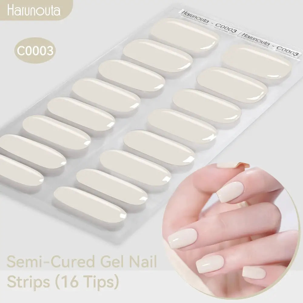 Semi-cured gel nail strips sheet in nude cream, 16 tips, Haunouta