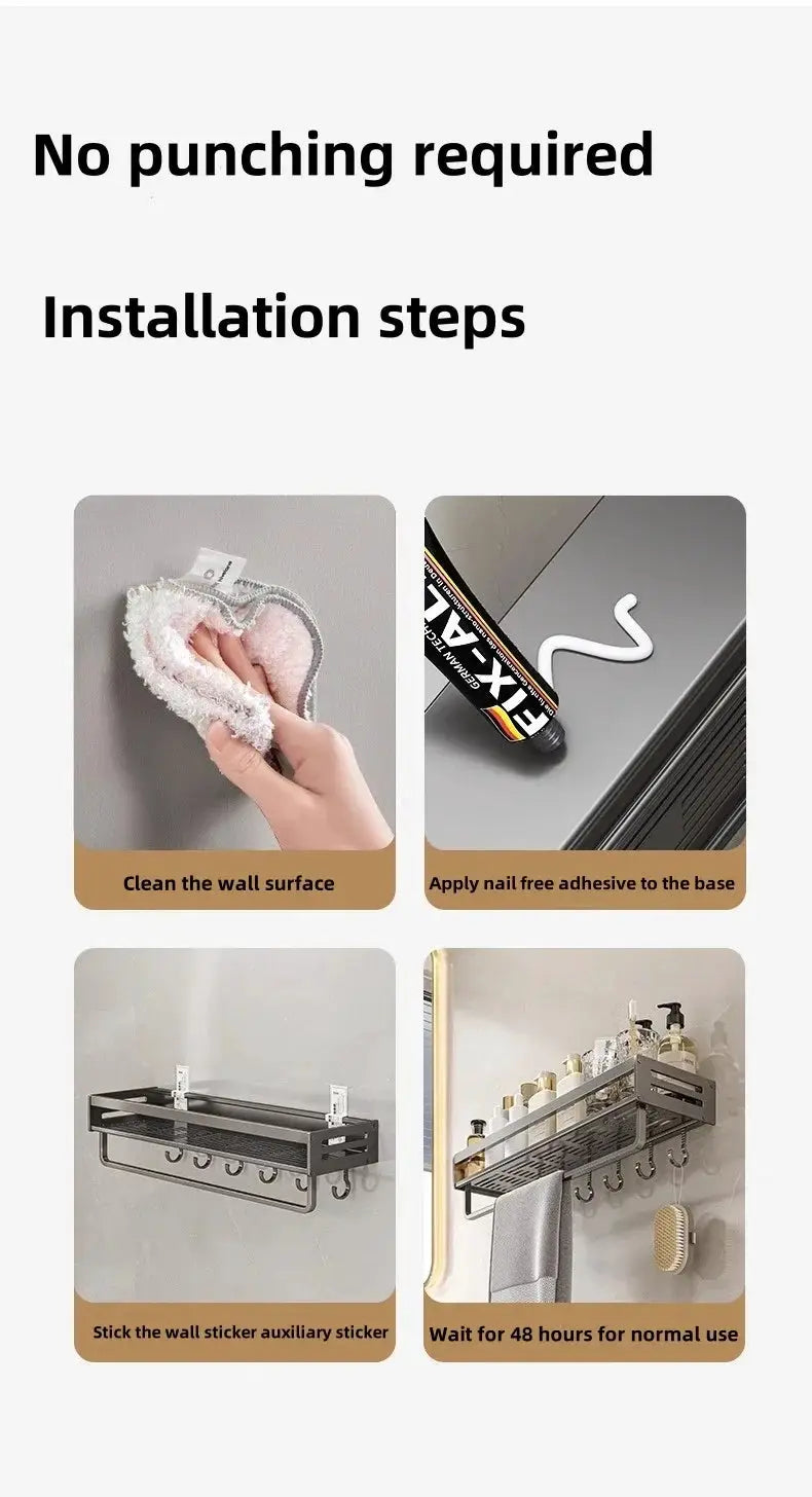 No-drill aluminum bathroom corner shelf by Simples Market with shampoo organizer and towel holder.
