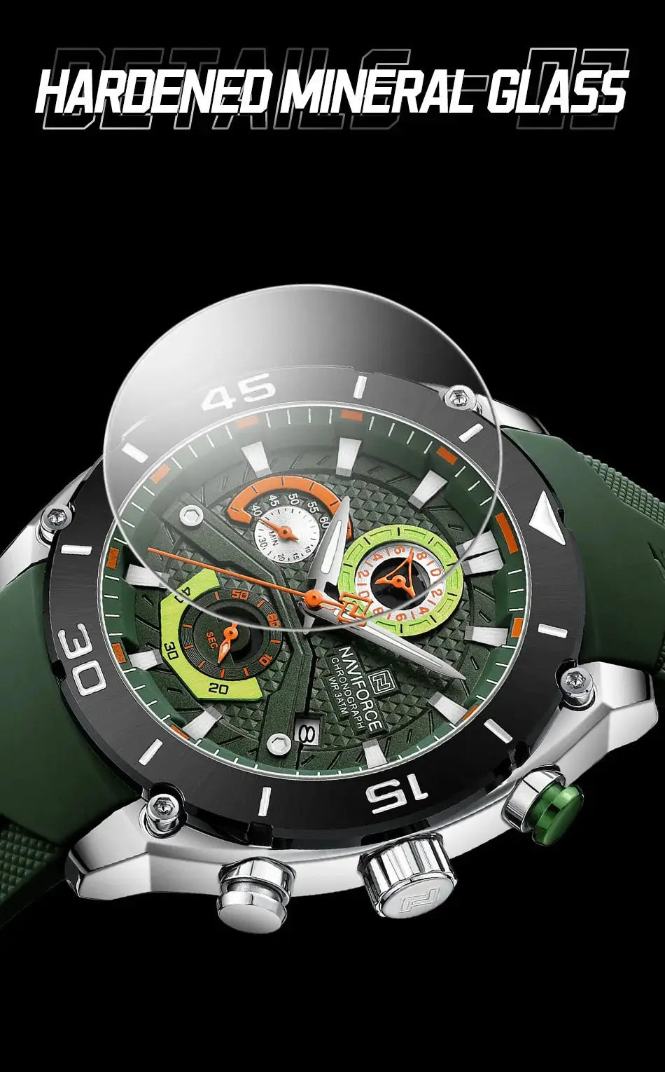 Naviforce men's chronograph sport watch with green silicone strap and luminous hands