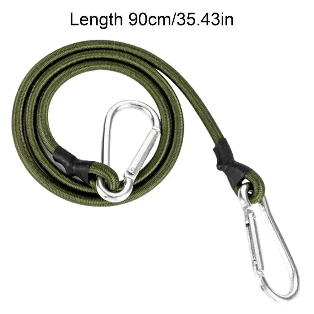 Simples Market olive-green outdoor heavy-duty bungee cord with two metal carabiner hooks, 90 cm length